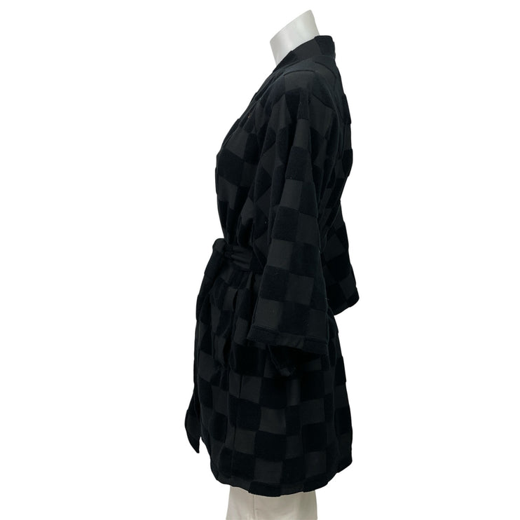 XSET Black Gray Plaid Checkered 3/4 Sleeves Belted Waist Open Front Robe Size S