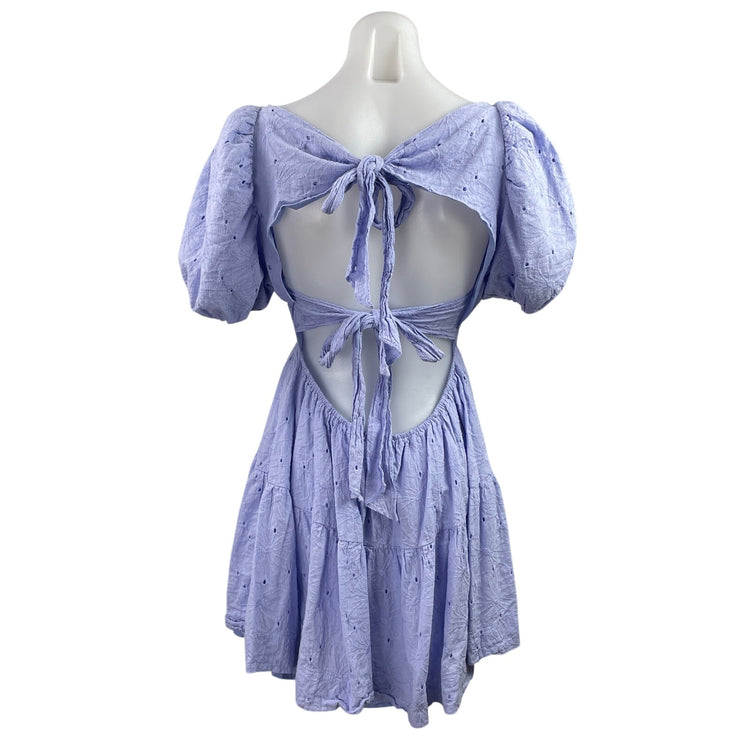 Do+Be Blue Embroidered Eyelet Short Fuff Sleeve Tiered Mini Fit & Flare Dress L