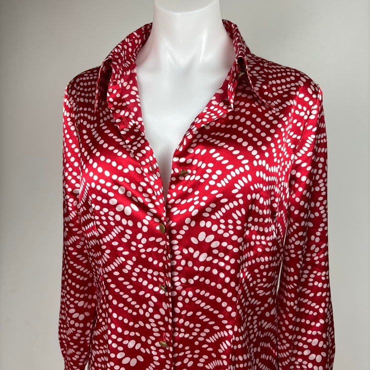 Vertigo Red Satin Polka Dot Button Down Collar Long Sleeve Shirt Dress Size M