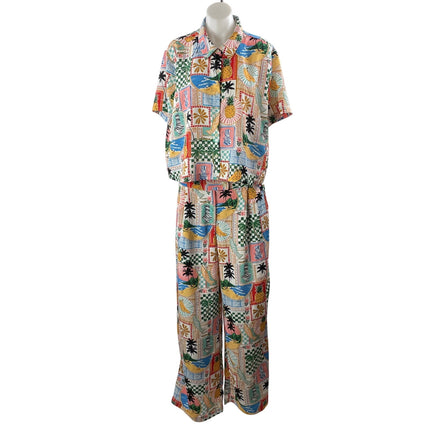 Skies Are Blue Graphic Print Tropical Button Down Shirt Pants 2 Piece Set Size L