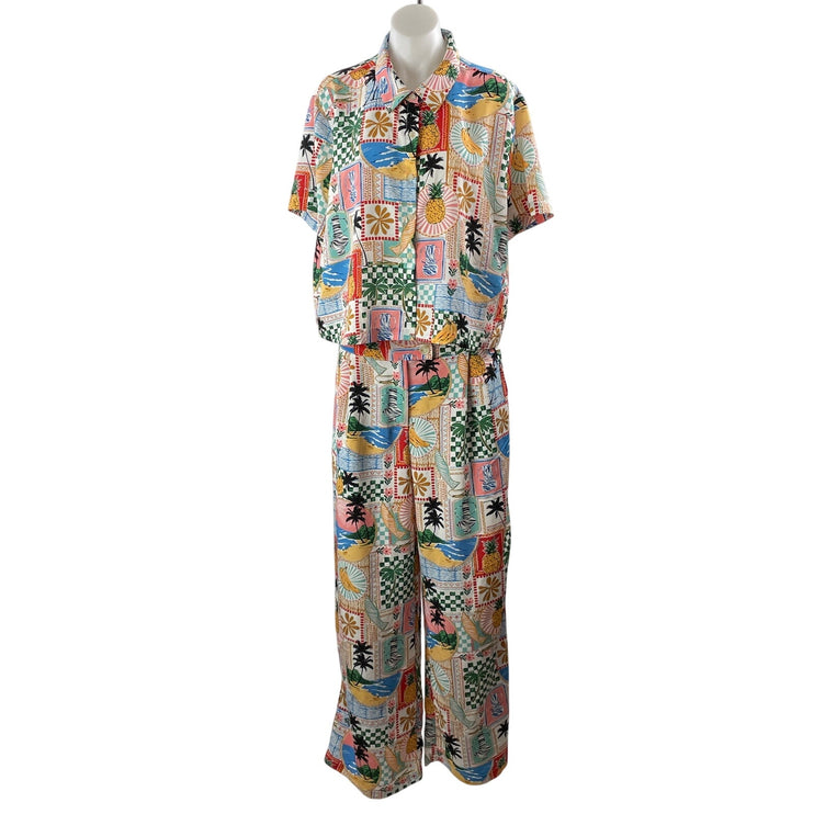 Skies Are Blue Graphic Print Tropical Button Down Shirt Pants 2 Piece Set Size L