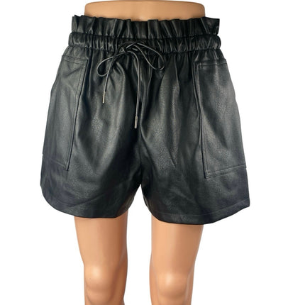 NEW Qianxizhan Black Faux Leather Vegan High Rise Paperbag Mini Shorts Size XL