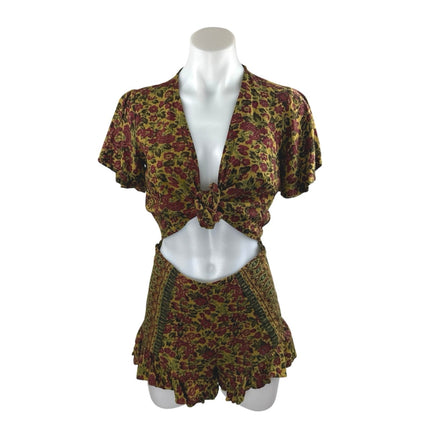 Free People Surf Date Multicolor Floral Short Sleeve Cutout Tie Romper Shorts 4