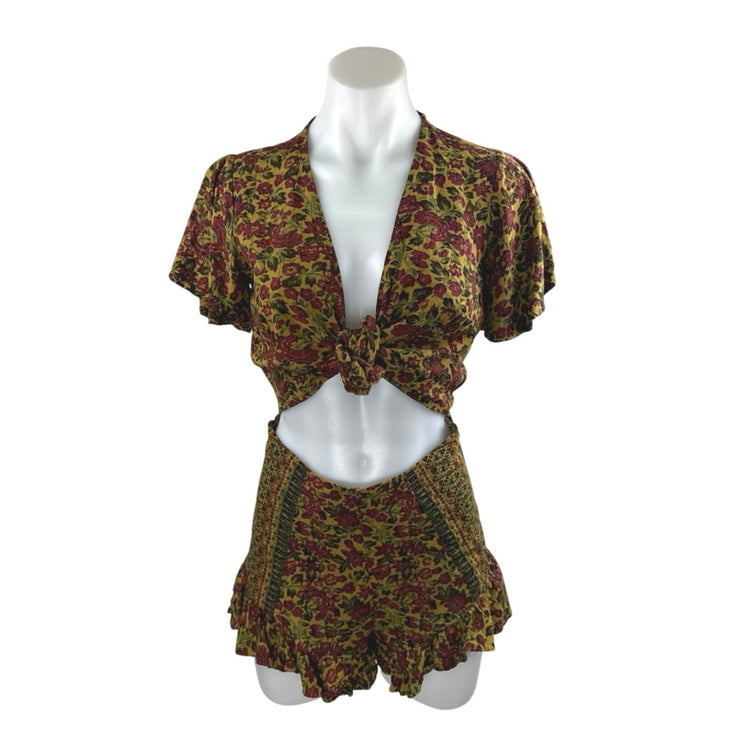 Free People Surf Date Multicolor Floral Short Sleeve Cutout Tie Romper Shorts 4