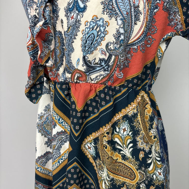 H&M Multicolor Handkerchief Scarf Paisley Tie V-Neck Short Sleeve Mini Dress 2