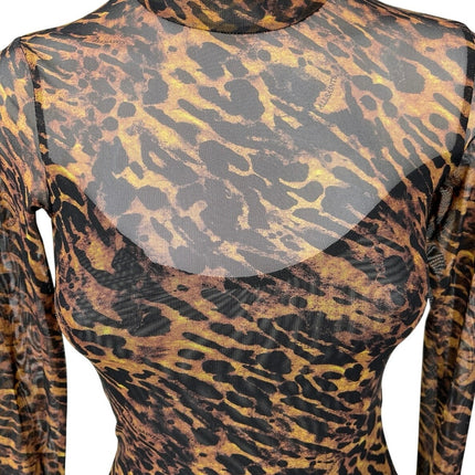 AllSaints Ambient Elia Leopard Animal Print Mesh Long Sleeve Bodysuit Top Size S