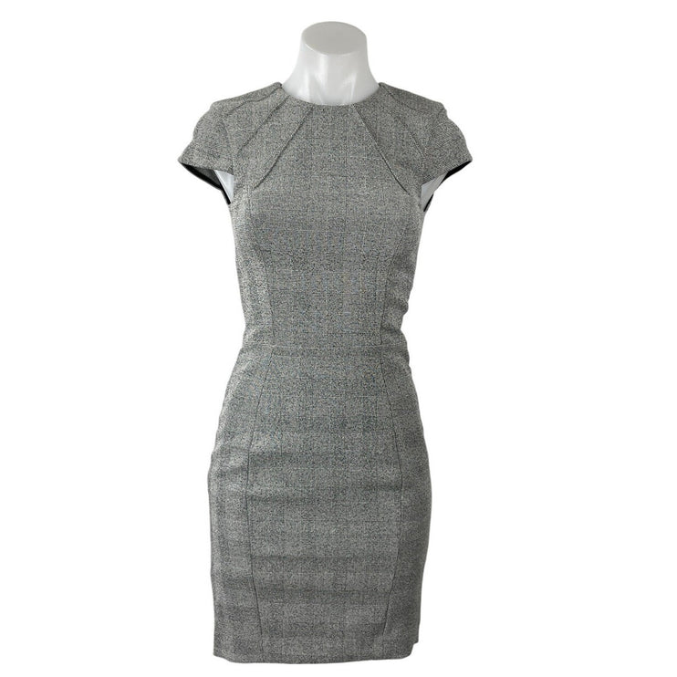 H&M Women's Gray Plaid Short Cap Sleeve Crew Zip Slit Mini Bodycon Dress Size 0