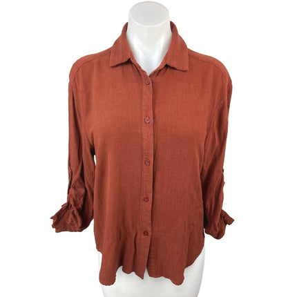 Seven Wonders Rust Brown Linen Roll Tab Sleeve Button Down Shirt Top Size XS/2