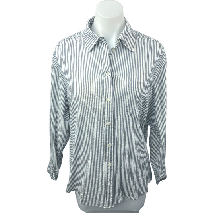 Gap Women's White Blue Striped Metallic Button Up Long Sleeve Shirt Blouse Top S