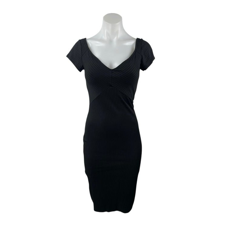 Zara Black Short Sleeve V Neck Ribbed Knit Pencil Midi Bodycon Dress Size S