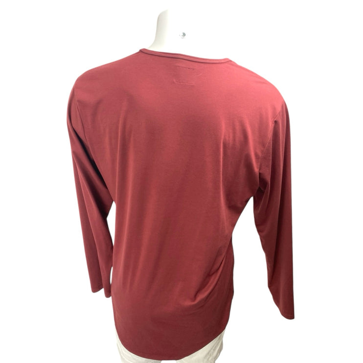 Cuts Elongated Men's Red Long Sleeve Henley Pullover Tee T-shirt Top Size M