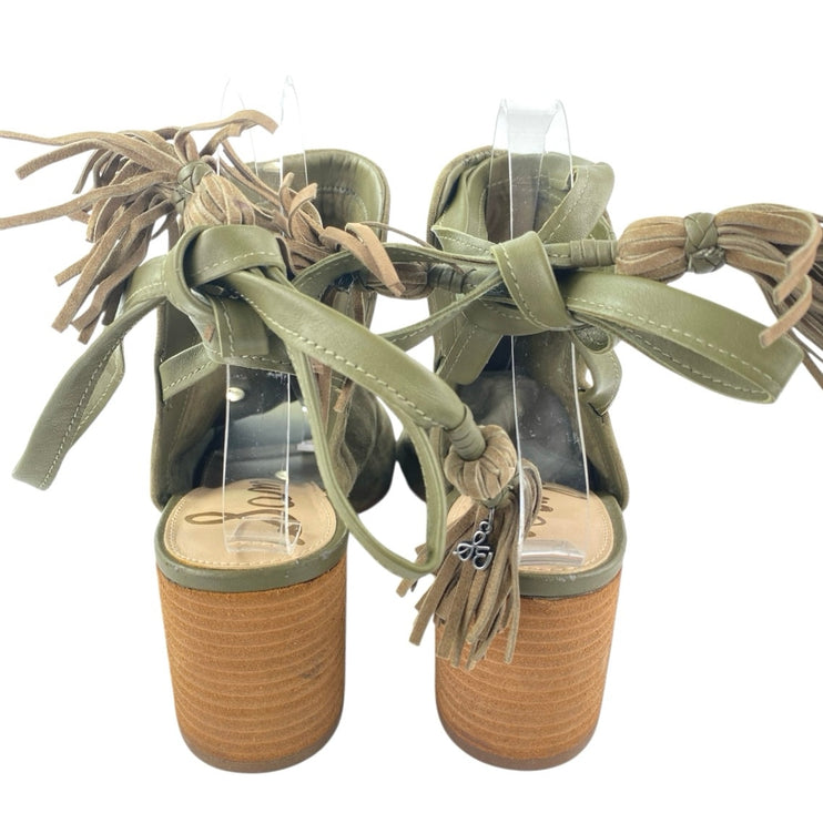 Sam Edelman Sampson Green Suede Tassel Ankle Tie Peep Toe Heeled Mule Sandals 8