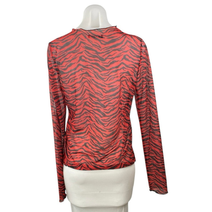 Zara Women's Red Black Zebra Animal Print Sheer Long Sleeve Blouse Top Size L