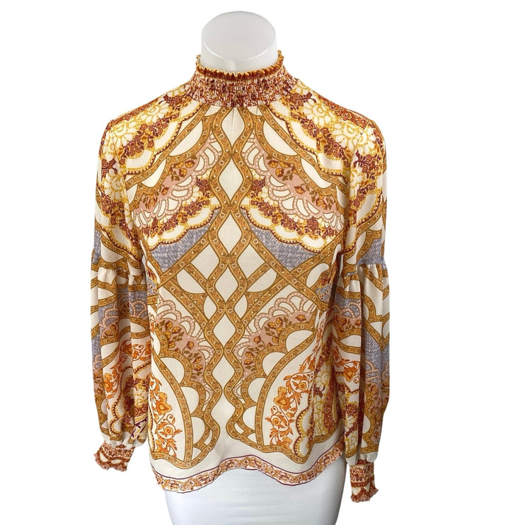 Bohme Multicolor Long Balloon Sleeve Smocked Floral Mock Neck Blouse Top Size XS