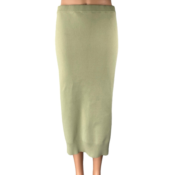 H&M Women's Green Ribbed Knit Slit High Waisted Sculpt Midi Pencil Skirt Size M