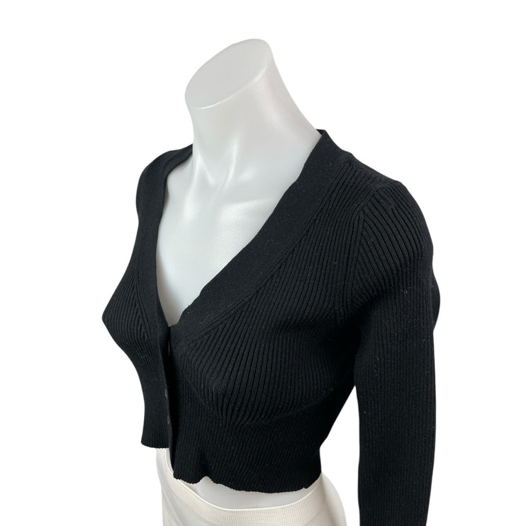 Windsor Black Ribbed Knit Long Sleeve V Neck Button Up Cardigan Crop Top Size S