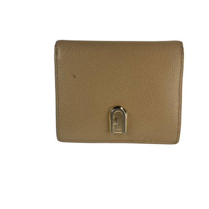 Furla Brown Tan Genuine Leather Bi-fold Logo Card Coin Holder Compact Wallet