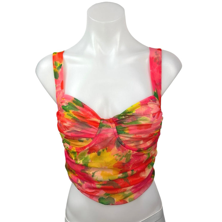 Zara Pink Multicolor Floral Mesh Sweetheart Neck Crop Corset Bustier Tank Top S