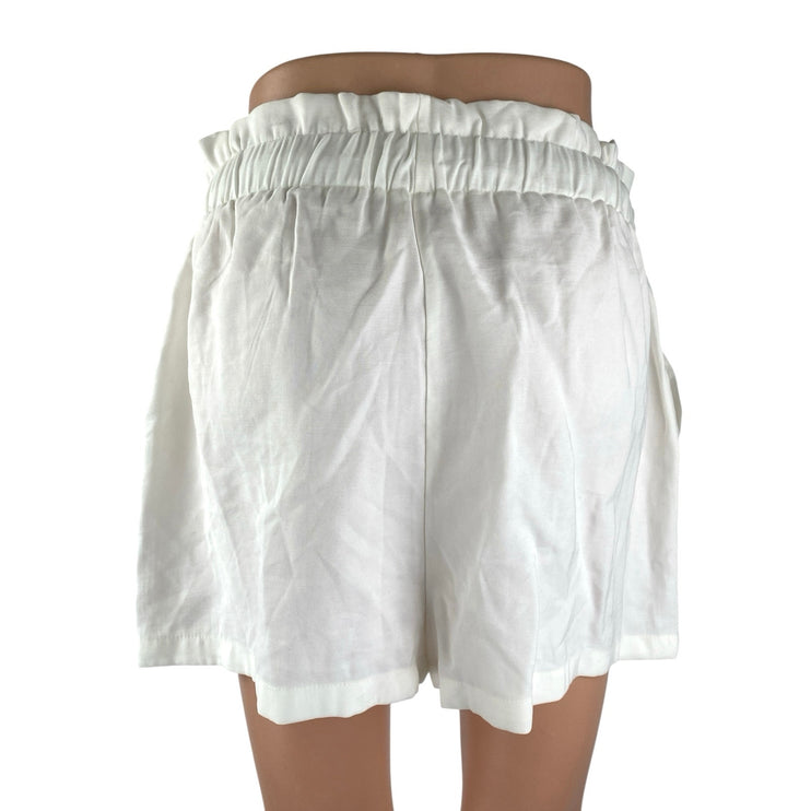 Pull & Bear Women's White High Rise Drawstring Mini Wide Leg Paperbag Shorts L