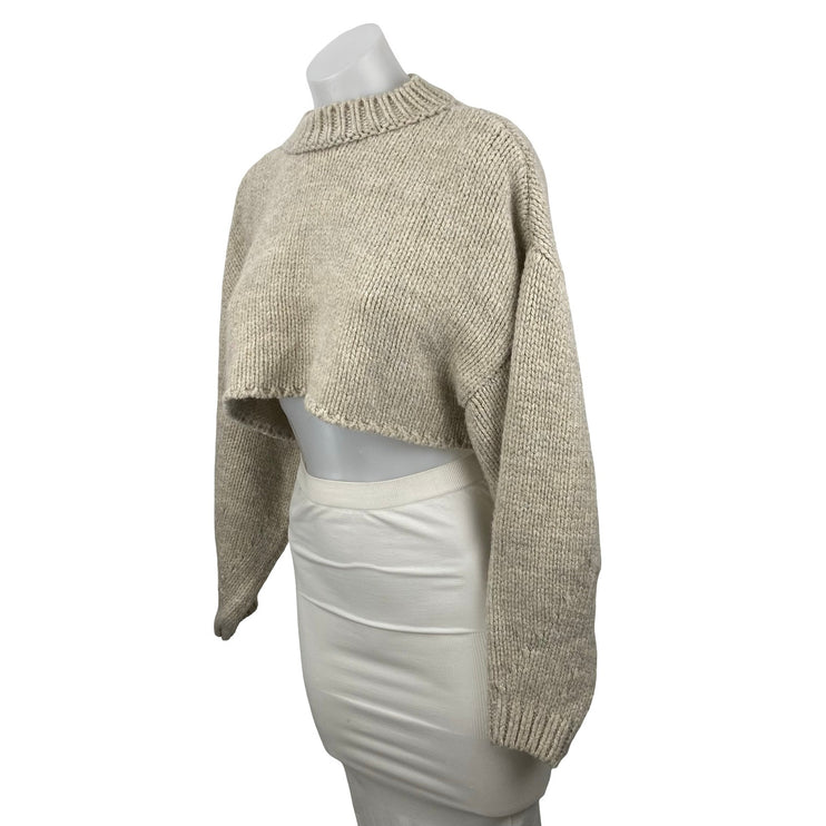 MNG Mango Beige Ribbed Knit Long Sleeve Mock Neck Cropped Sweater Top Size S
