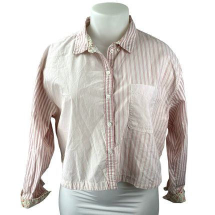 American Eagle Pink Stripe Collared Long Sleeve Cropped Button Down Shirt Sz XL