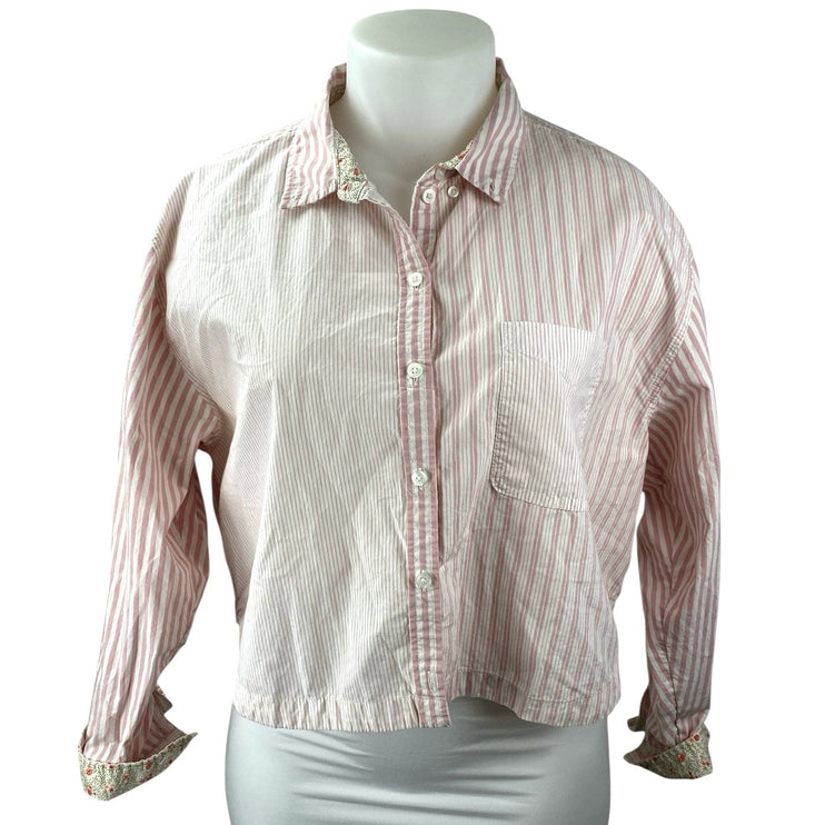 American Eagle Pink Stripe Collared Long Sleeve Cropped Button Down Shirt Sz XL