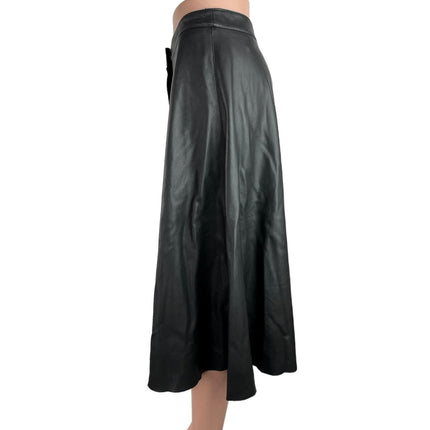 ZARA Women's Black Faux Leather Button Up Flared Calf Length A-Line Skirt Size S