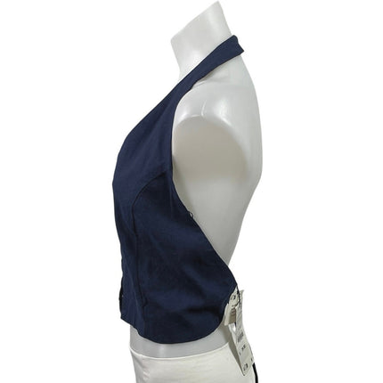 NEW Zara Dark Blue Halter Open Back Backless V Neck Adjustable Vest Crop Top M