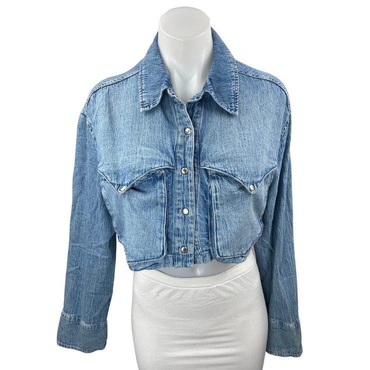 Zara Women's Blue Long Sleeve Pocket Button Up Cropped Denim Jean Jacket Size XS