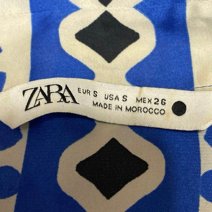 Zara Womens Blue Silk Satin Geometric Long Sleeve Button Down Blouse Shirt Top S