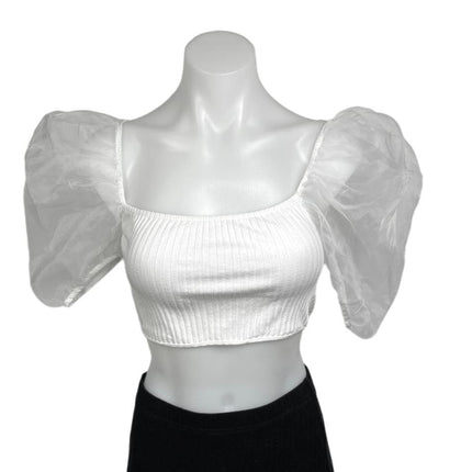 Zara White Combined Organza Knit Puff Sleeve Square Neck Cropped Blouse Top Sz S