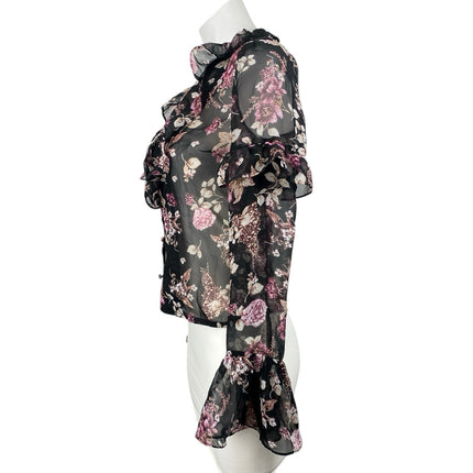 NEW Nasty Gal Black Floral Long Bell Sleeve Sheer Mesh V Neck Blouse Top Size 0