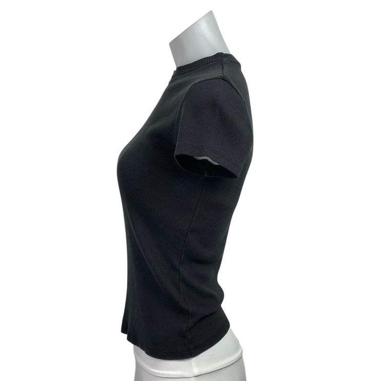 Theory Women's Black Ribbed Knit Short Sleeve Crew Neck T Shirt Tee Top Size M