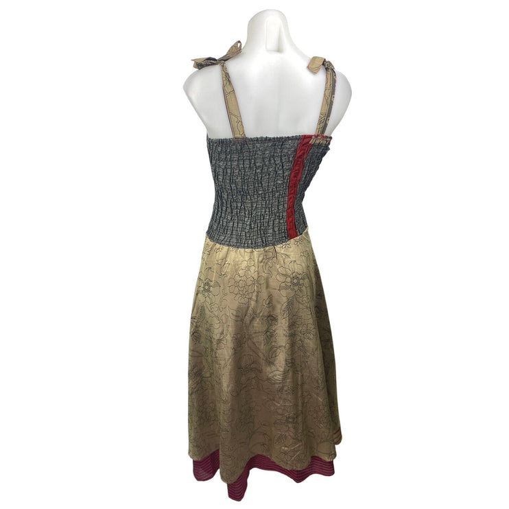 Belma Gold Gray Metallic Sleeveless Smocked Cami Camisole Midi A-Line Dress OS