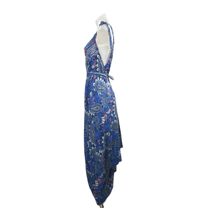 Advance Blue Silk Floral Paisley V Neck Tie Sleeveless A Line Maxi Dress Sz L/XL