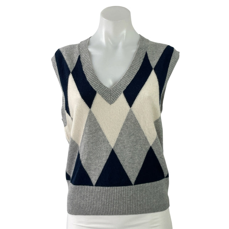 J.Crew Cashmere Gray Black White Checkered V-neck Knit Sweater Vest Tank Top XS