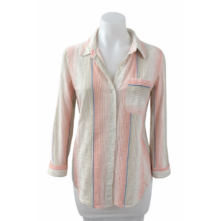 Liverpool Women's Beige Coral Striped Long Sleeve Button Down Shirt Top Size S