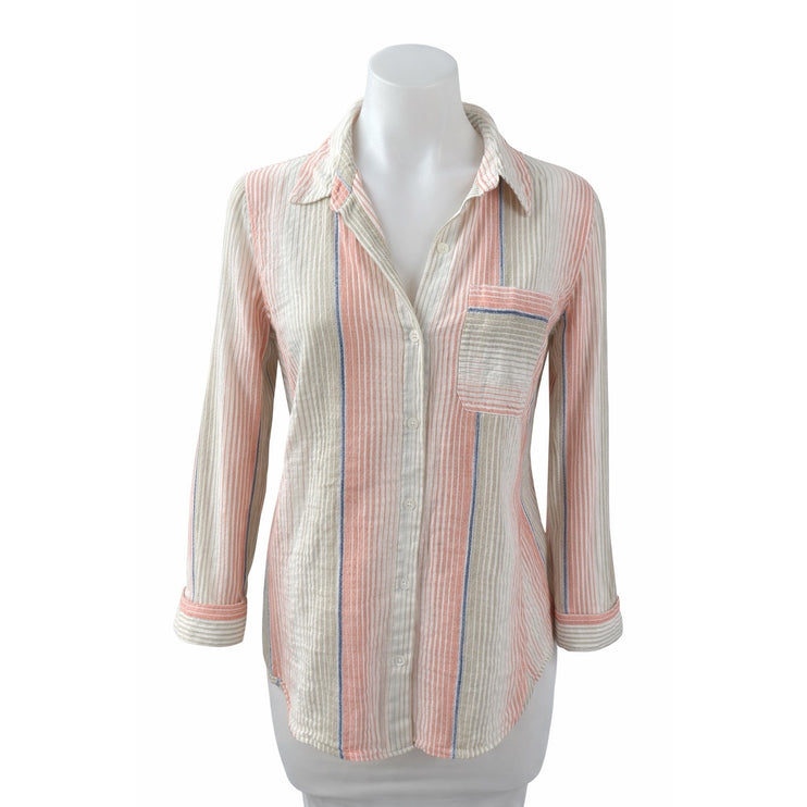 Liverpool Women's Beige Coral Striped Long Sleeve Button Down Shirt Top Size S