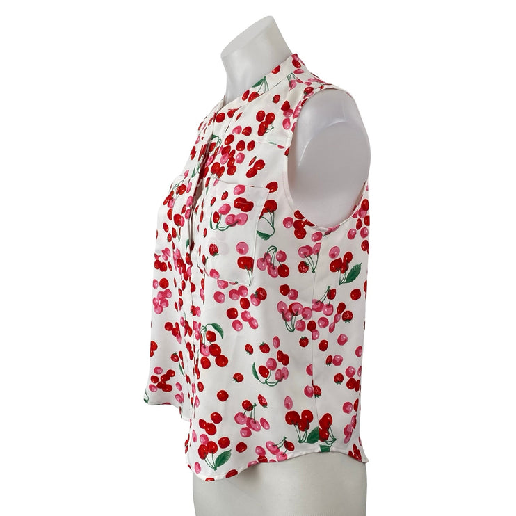 Ann Taylor Petite Raspberry Cherries Fruit Sleeveless Button Down Blouse Top S