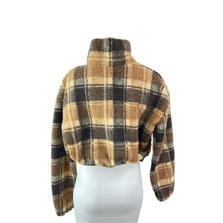 Zaful Beige Plaid Faux Sherpa Fleece Turtleneck Half Zip Cropped Sweater Top M