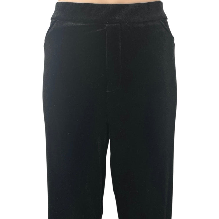 Zara Black Velvet Velour Straight Wide Leg High Waisted Pull On Trousers Pants L
