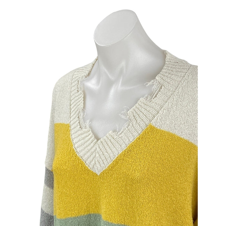 La Miel Women's Multicolor Colorblock Striped Distressed V Neck Sweater Top S