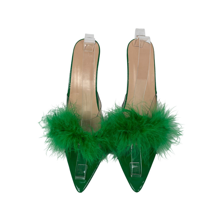Women's Green Clear Strap Feather Trim Pointed Toe Stiletto Heels Sandals Sz 9.5