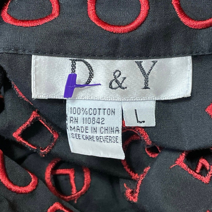 D&Y Women's Black Red Embroidered Open Long Sleeve Button Down Shirt Top Size L