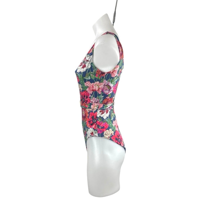 Onia Michelle Floral VNeck Sleeveless One Piece Belted Tank Swimsuit Swimwear XS