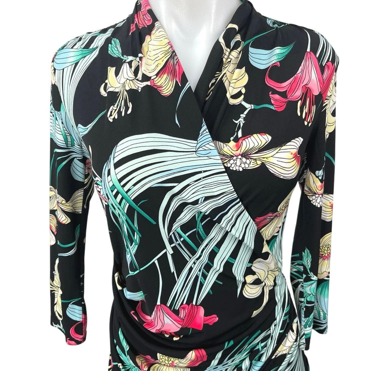 Jennifer Lopez Multicolor Long Sleeve Tropical Ruched Mini Bodycon Wrap Dress XS