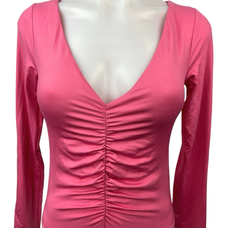 Zara Pink Ruched Cinched V-neck Long Sleeve Stretch Bodysuit Thong Top Size M