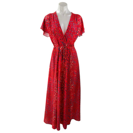 French Connection Red Floral Short Sleeve V Neck Tie Waist A Line Maxi Dress XXS