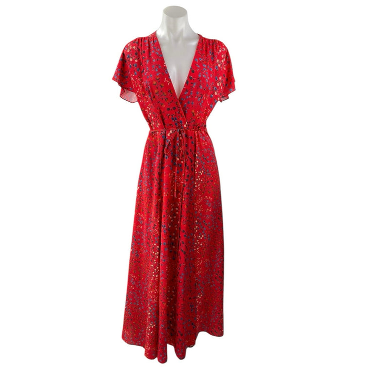 French Connection Red Floral Short Sleeve V Neck Tie Waist A Line Maxi Dress XXS