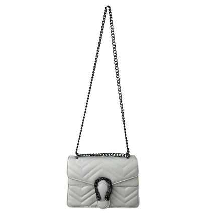 White Quilted Chevron Horseshoe Buckle Crossbody Chain Flap Purse Handbag OS